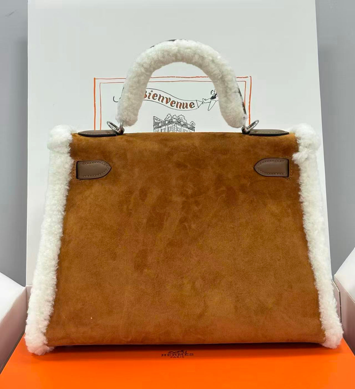 H*M Kelly Teddy Shearling 28cm Brown Suede Silver Hardware
