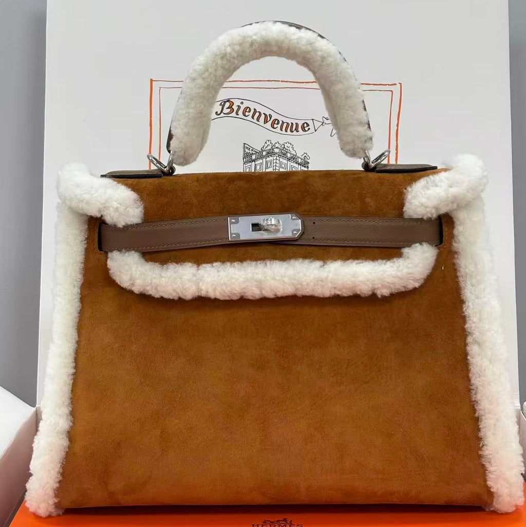 H*M Kelly Teddy Shearling 28cm Brown Suede Silver Hardware