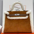 H*M Kelly Teddy Shearling 28cm Brown Suede Silver Hardware