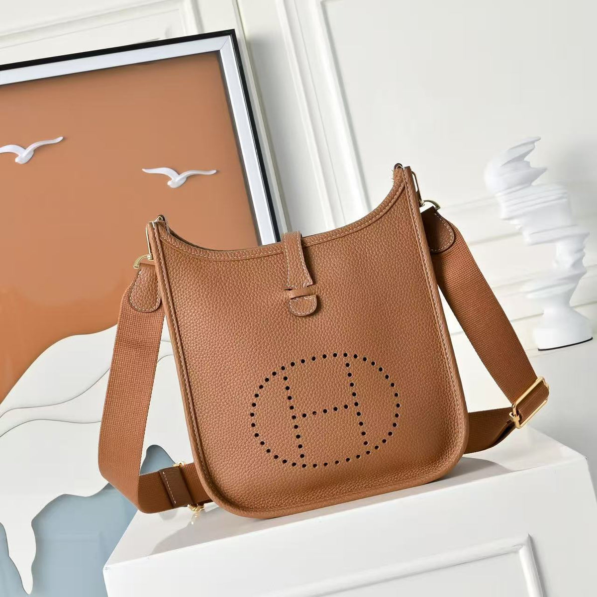 H*M Evelyne III 23cm Camel Brown Calfskin Gold Hardware