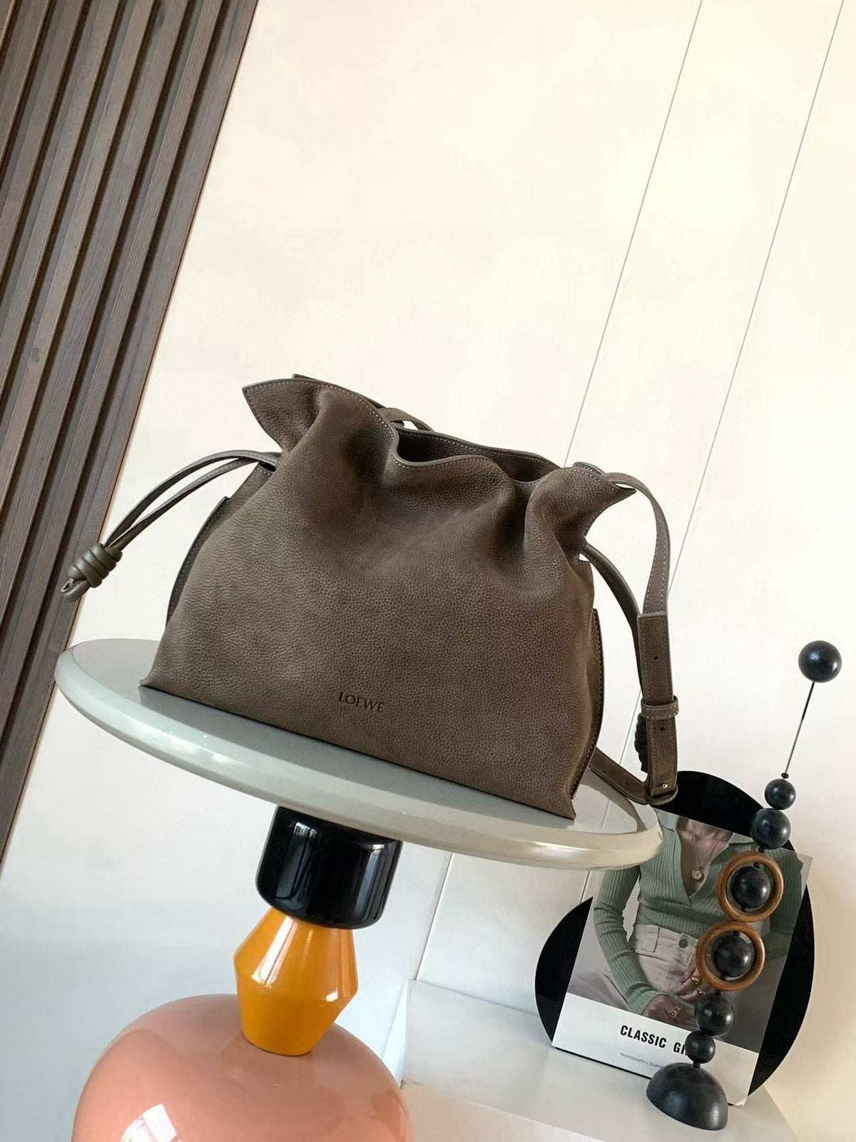 L*ewe Flamenco Clutch Bag 30cm Brown Grained Nubuck Leather
