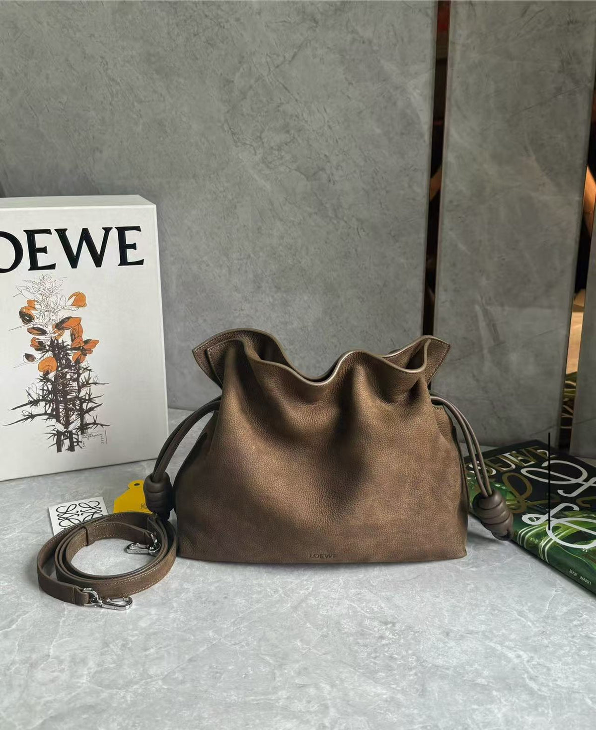 L*ewe Flamenco Clutch Bag 30cm Brown Grained Nubuck Leather