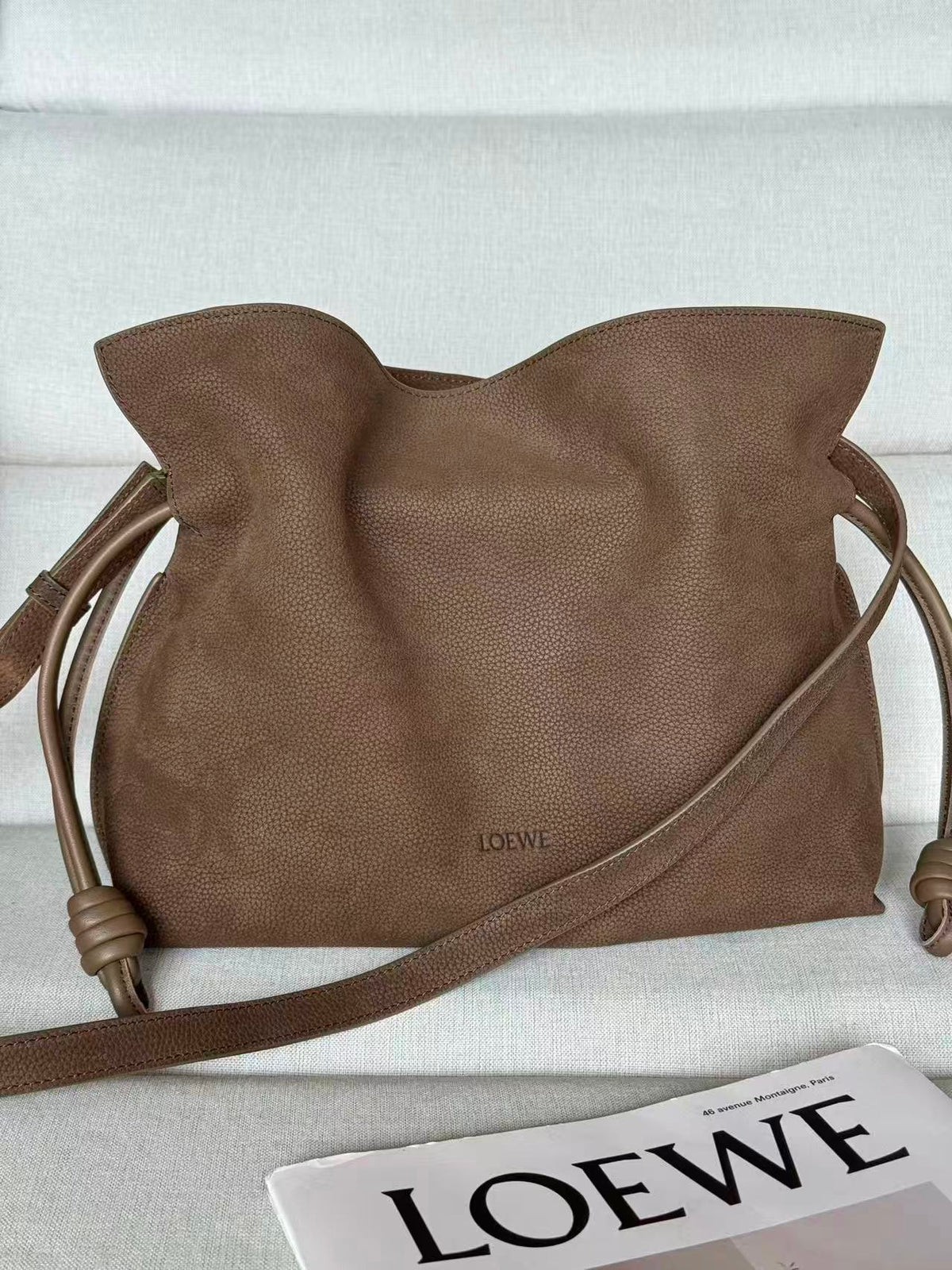 L*ewe Flamenco Clutch Bag 30cm Brown Grained Nubuck Leather