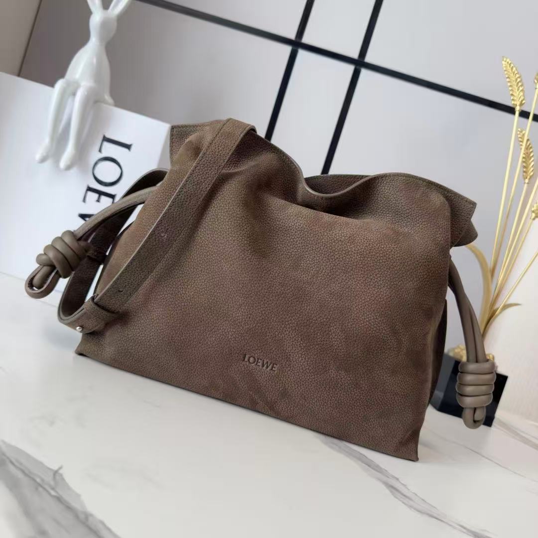 L*ewe Flamenco Clutch Bag 30cm Brown Grained Nubuck Leather