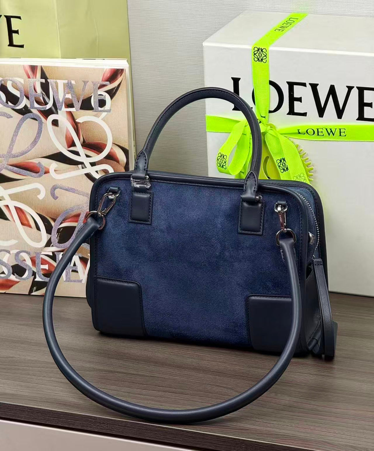L*ewe Amazona 180 Bag 24.5cm Dark Blue Calfskin Suede