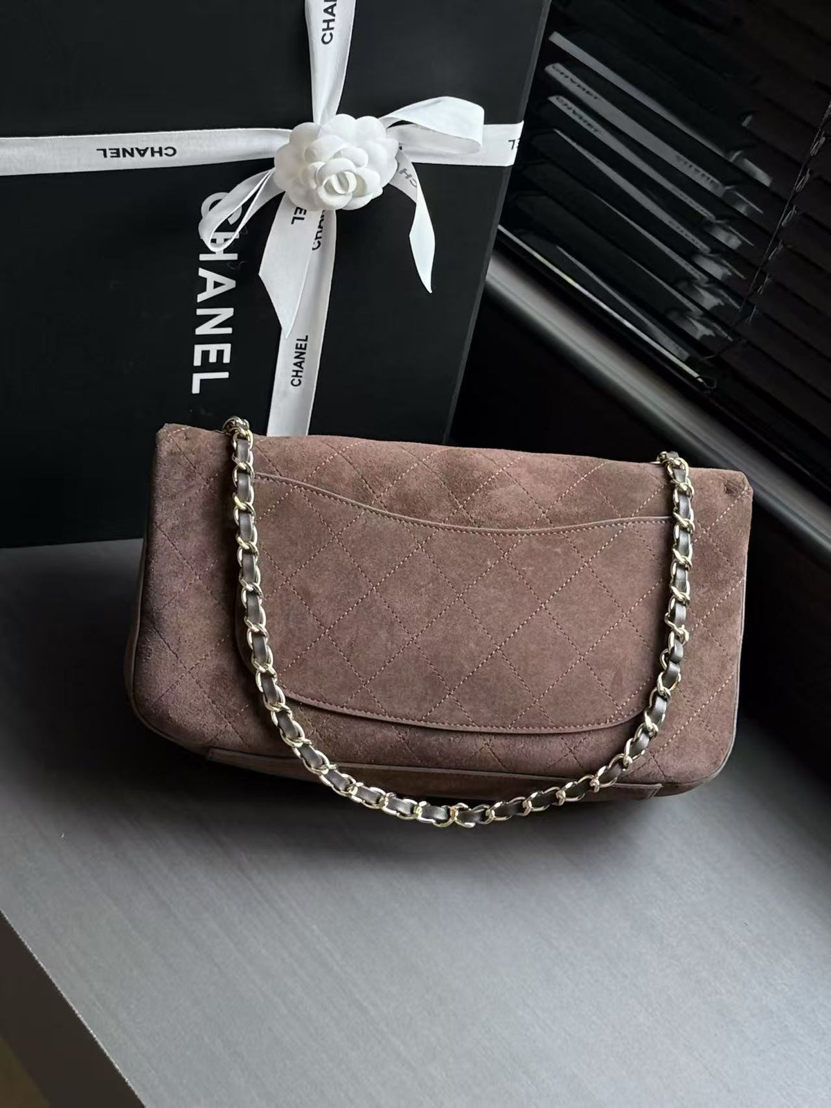 Ch*nel Maxi Flap Bag 32cm Dark Brown Suede