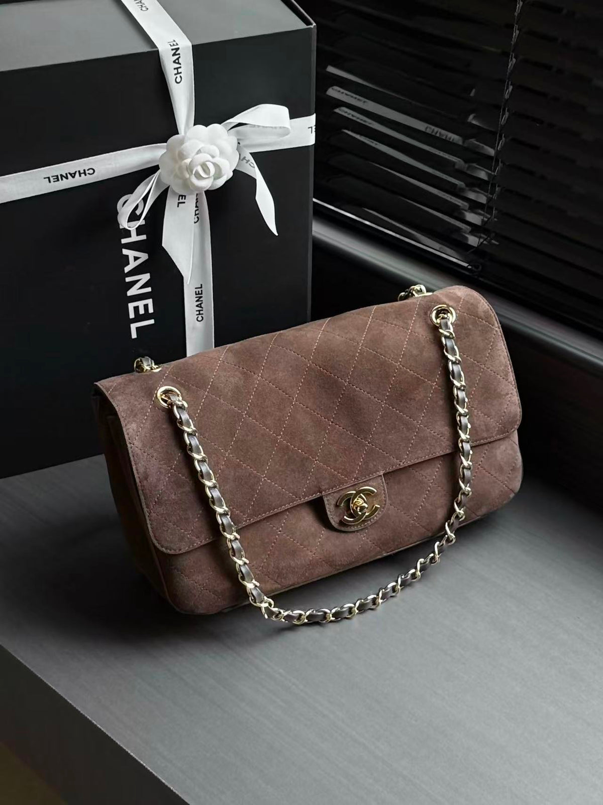 Ch*nel Maxi Flap Bag 32cm Dark Brown Suede