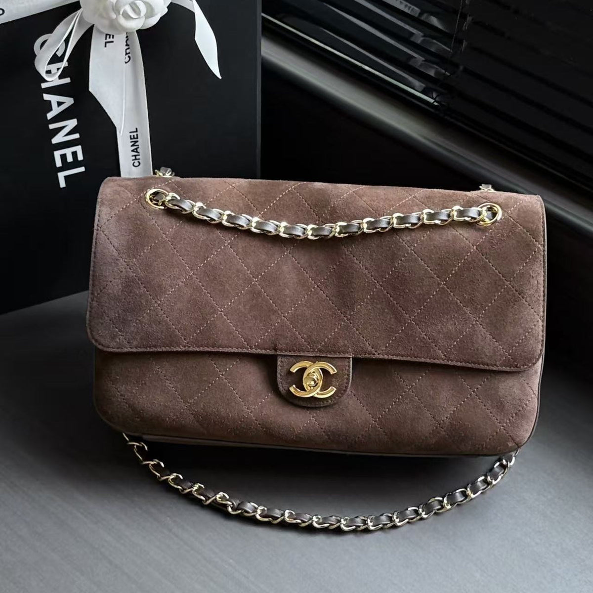 Ch*nel Maxi Flap Bag 32cm Dark Brown Suede