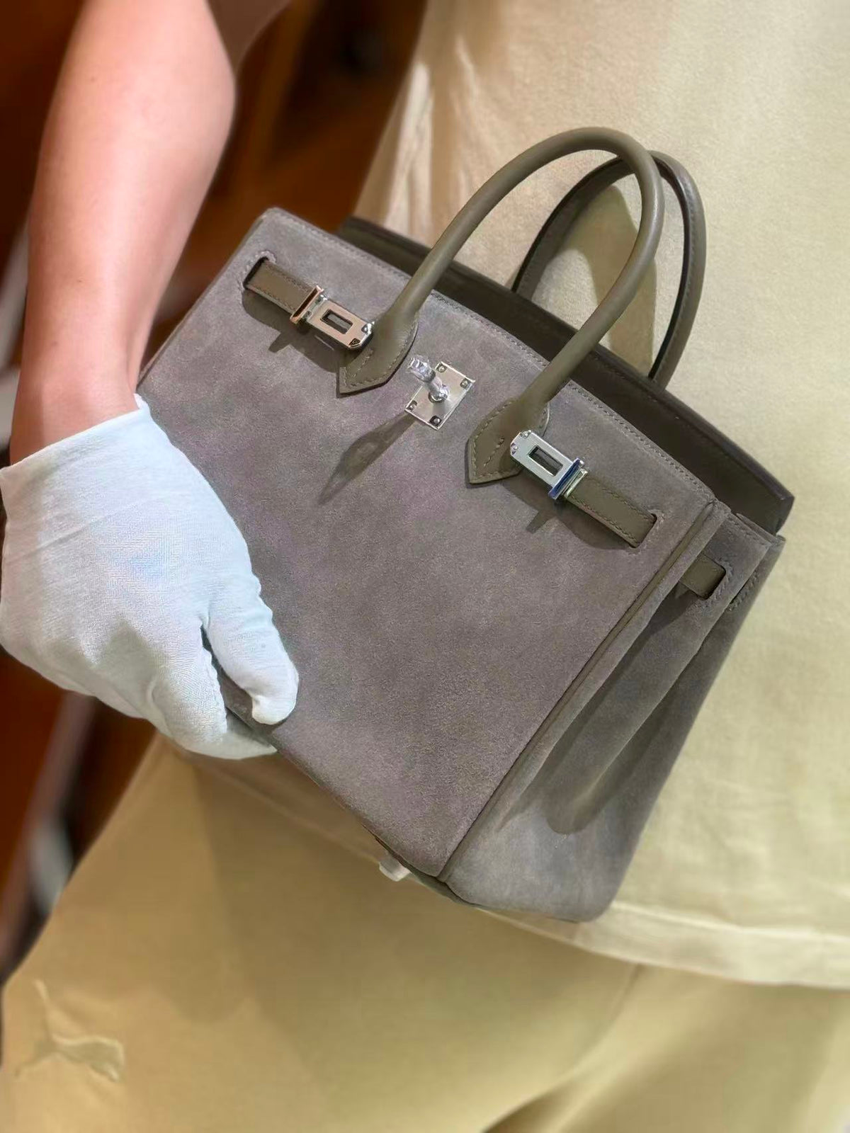H*M Grizzly Birkin Handbag Suede Leather