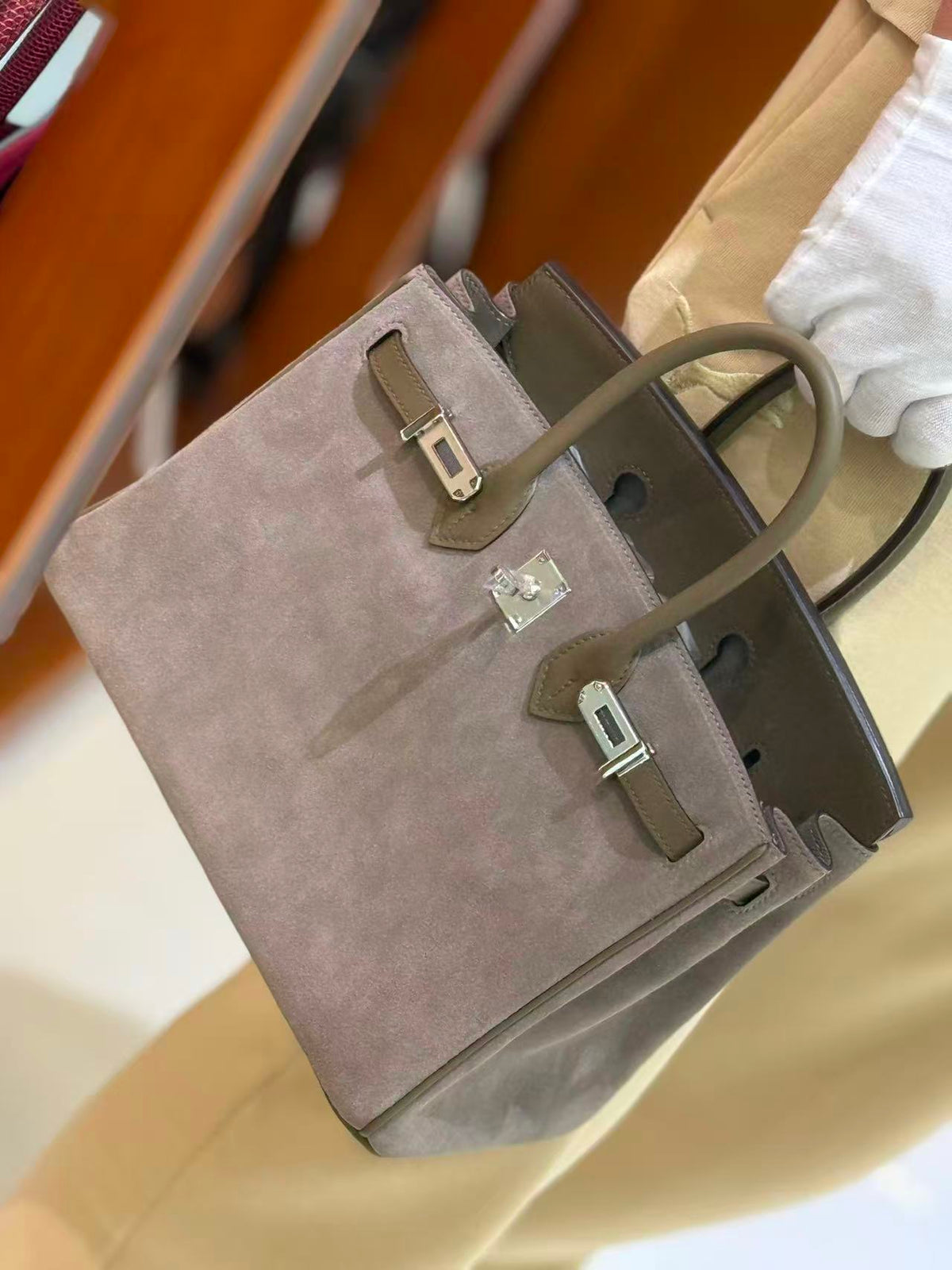 H*M Grizzly Birkin Handbag Suede Leather
