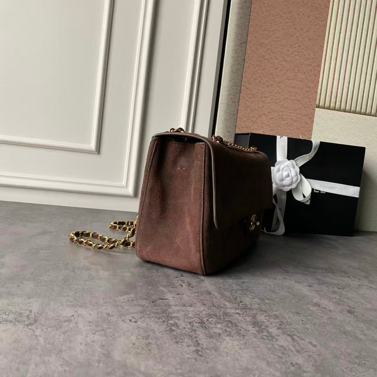 C*C Maxi Flap 32 cm Handbag Dark Brown Suede Calfskin