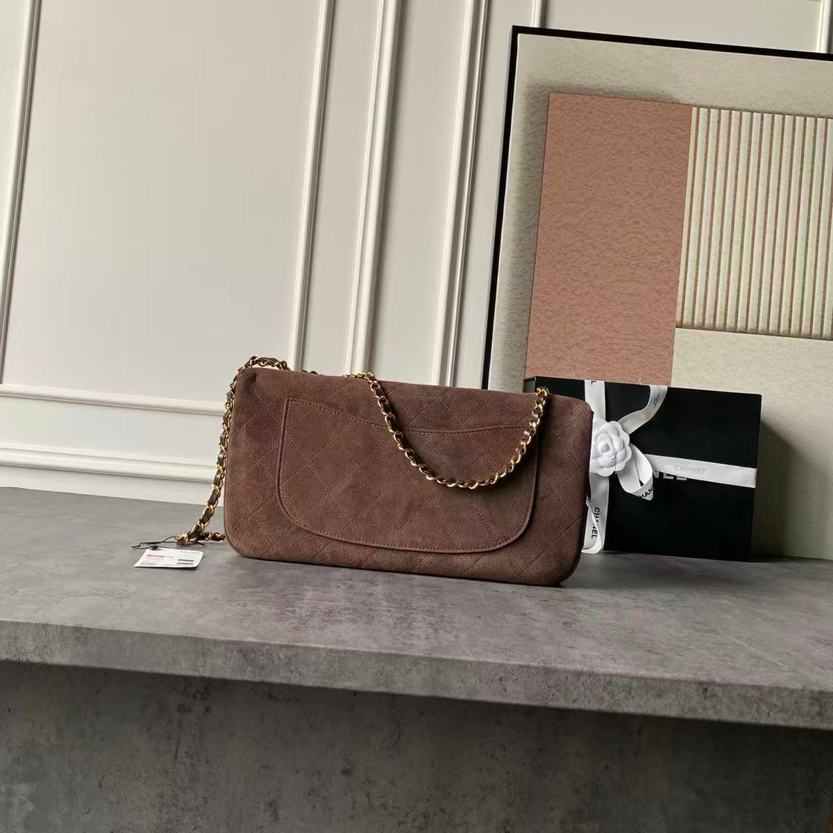 C*C Maxi Flap 32 cm Handbag Dark Brown Suede Calfskin