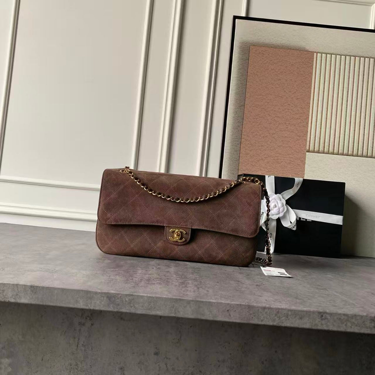 C*C Maxi Flap 32 cm Handbag Dark Brown Suede Calfskin
