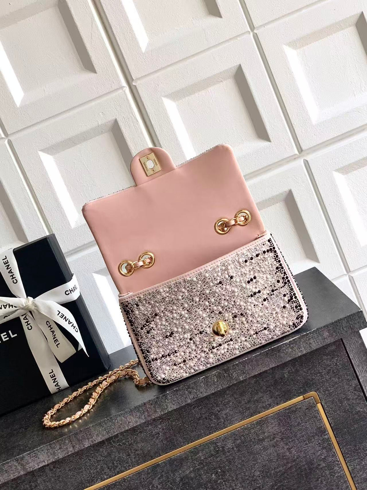 C*C Mini Flap Bag 20cm Pink Black Sequin Leather