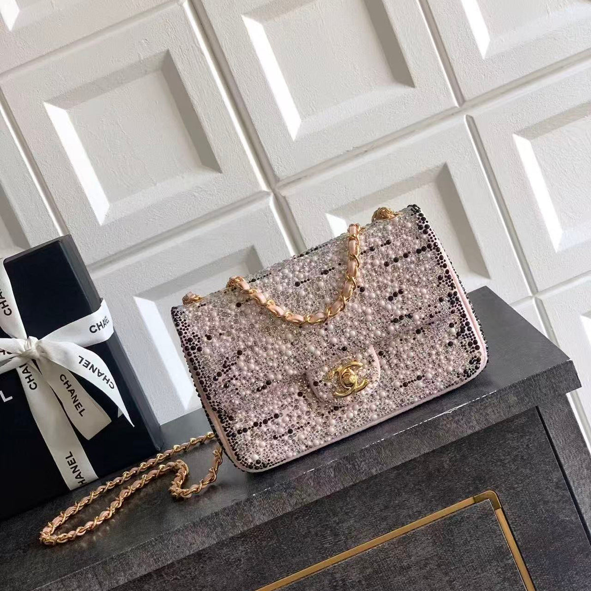 C*C Mini Flap Bag 20cm Pink Black Sequin Leather