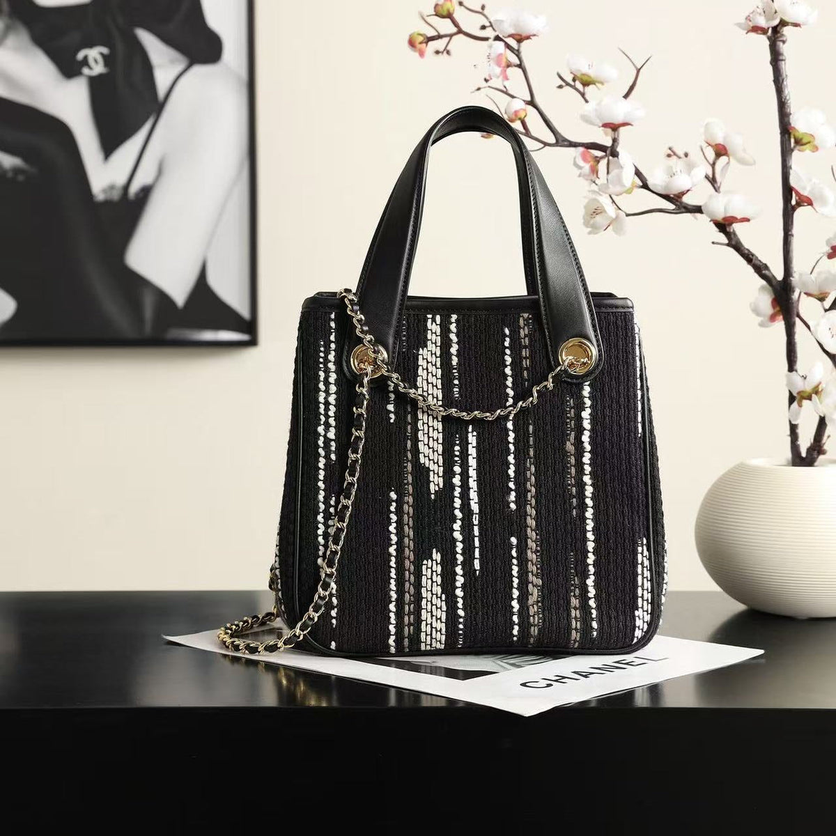 C*C Mini Tote Bag Gold-Tone Chain Strap 21 cm Striped Canvas