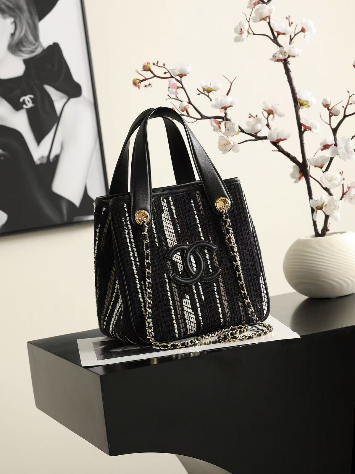 C*C Mini Tote Bag Gold-Tone Chain Strap 21 cm Striped Canvas