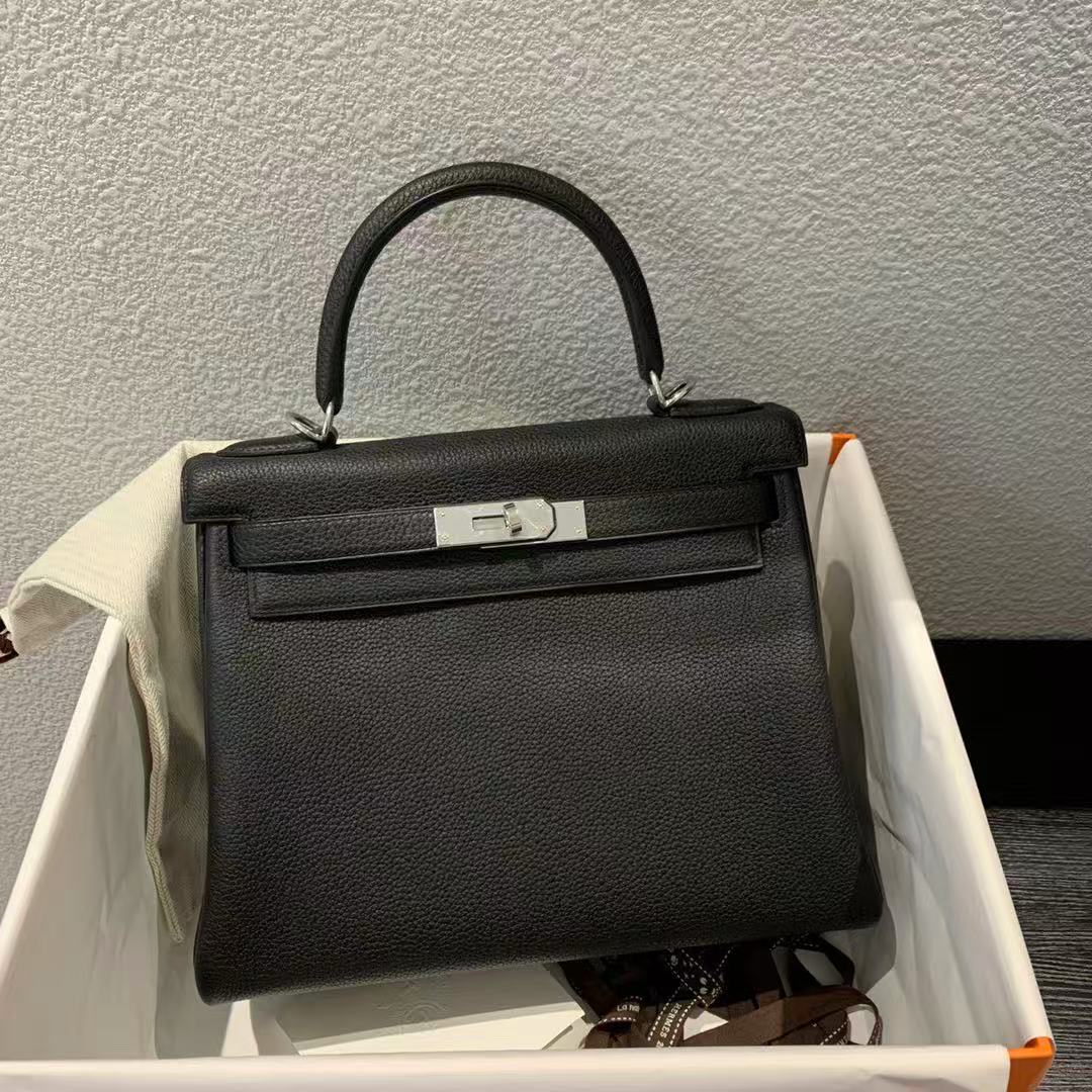 H*M Kelly Retourne Bag 28cm Black Togo With Silver Hardware