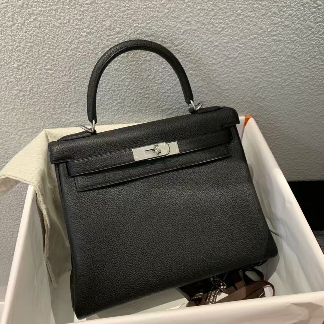 H*M Kelly Retourne Bag 28cm Black Togo With Silver Hardware