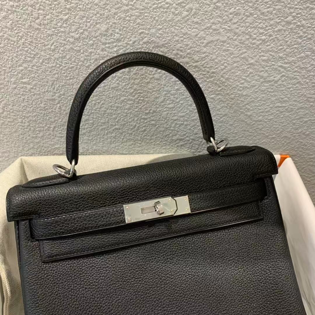 H*M Kelly Retourne Bag 28cm Black Togo With Silver Hardware