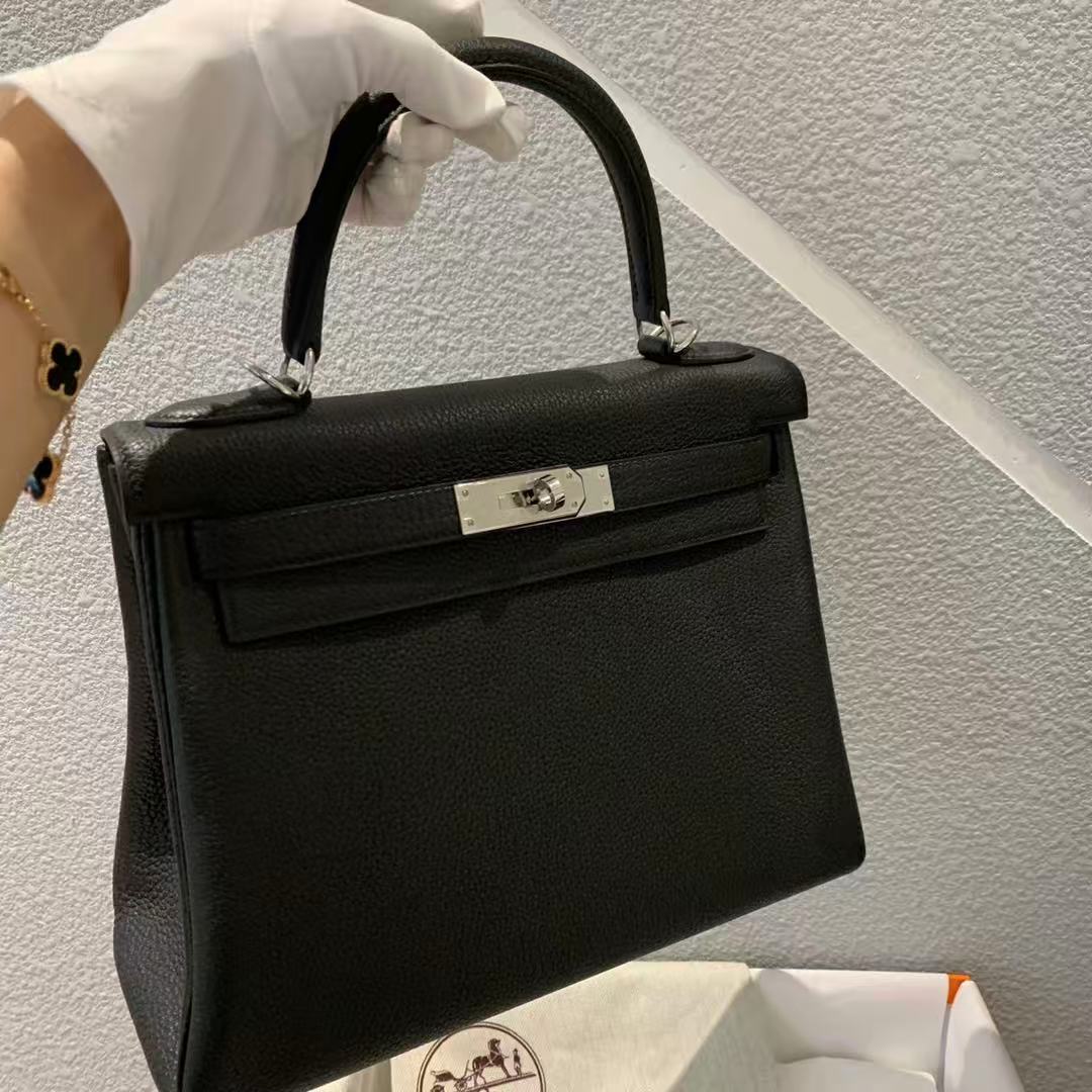 H*M Kelly Retourne Bag 28cm Black Togo With Silver Hardware