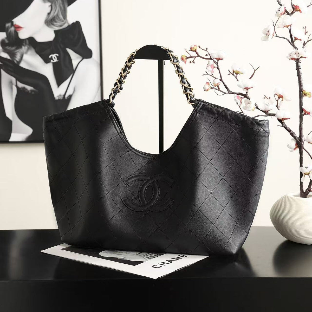 C*C Quilted Tote Bag Cowhide Leather