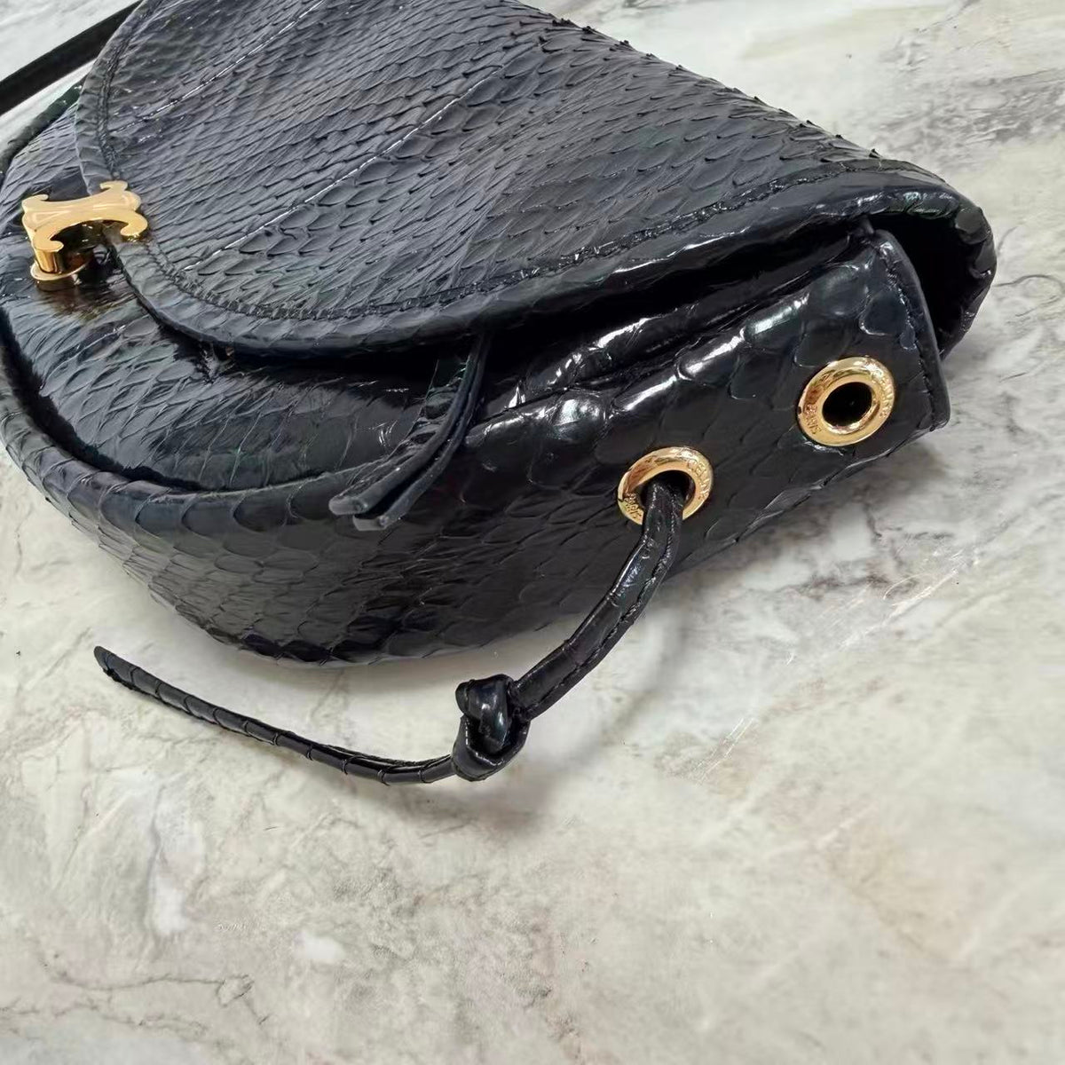 C*E 26S Half-Moon Shoulder Bag 25cm Black Embossed Cowhide Leather