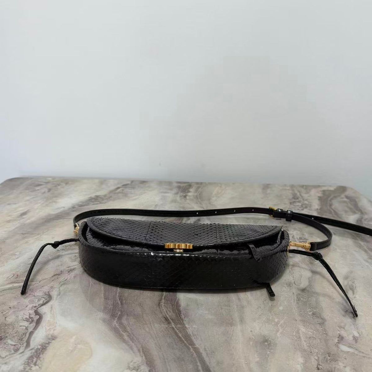 C*E 26S Half-Moon Shoulder Bag 25cm Black Embossed Cowhide Leather