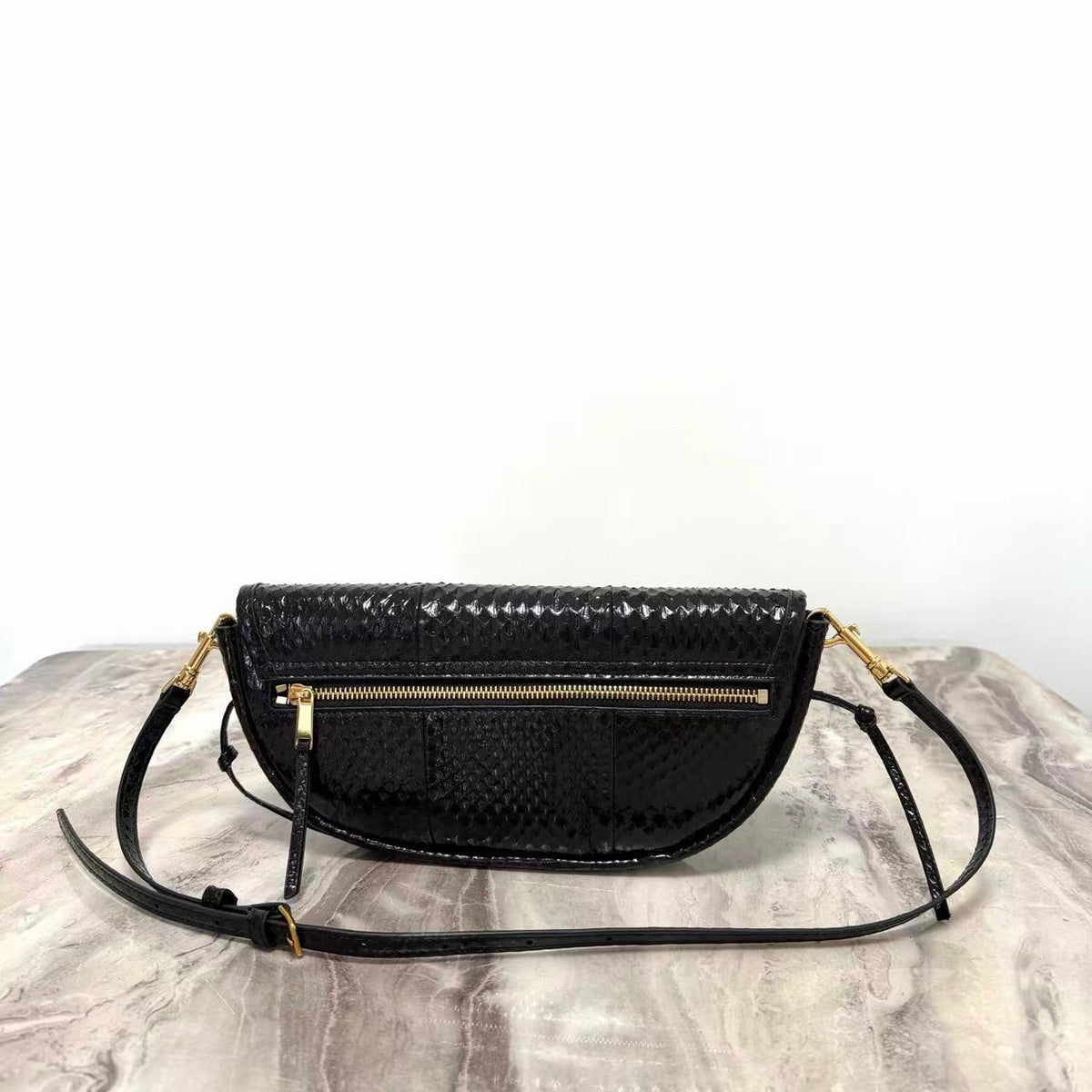 C*E 26S Half-Moon Shoulder Bag 25cm Black Embossed Cowhide Leather