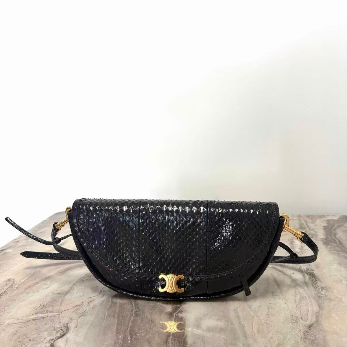 C*E 26S Half-Moon Shoulder Bag 25cm Black Embossed Cowhide Leather