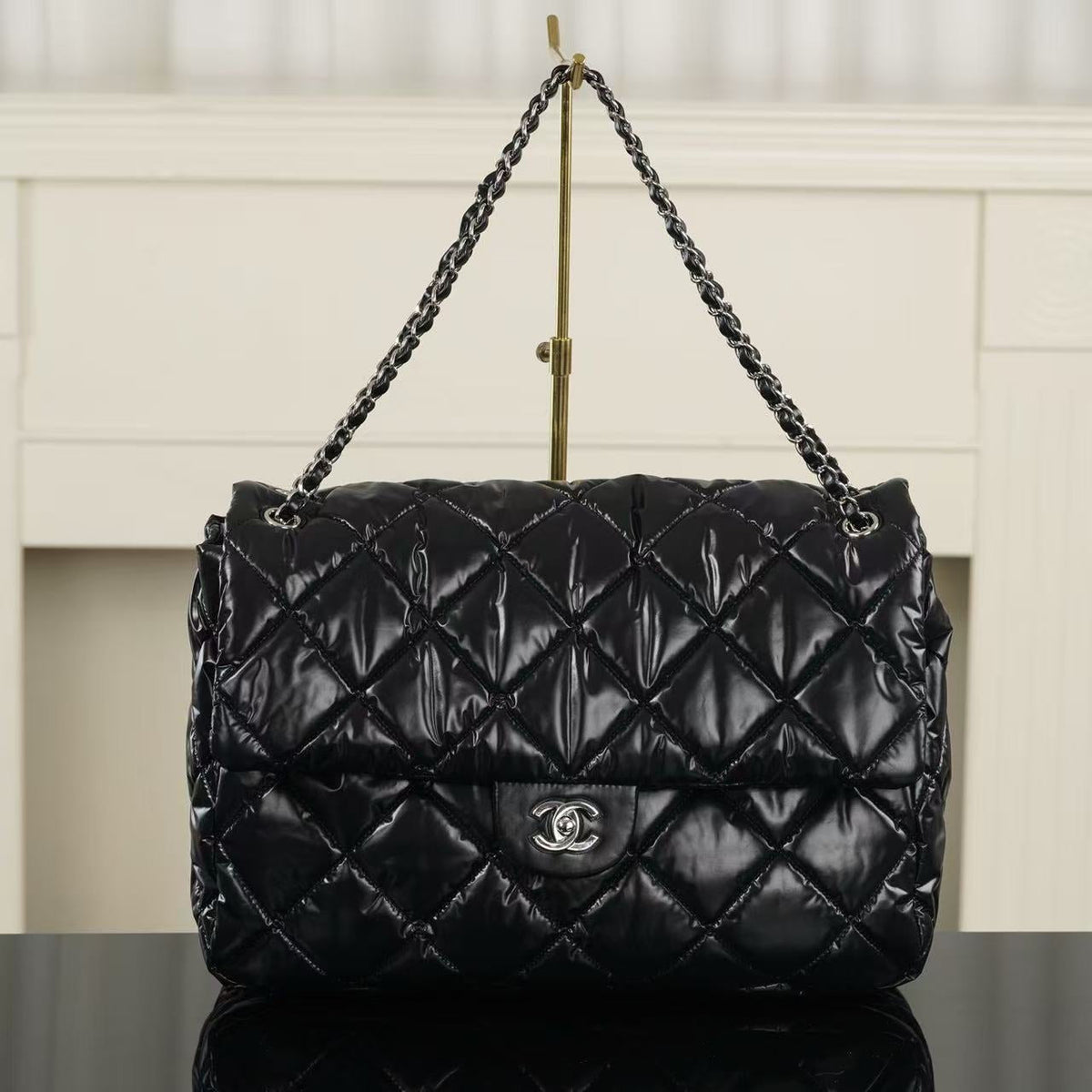 C*C 26FW Coco Neige Maxi Flap Bag 38cm Black Glossy Nylon