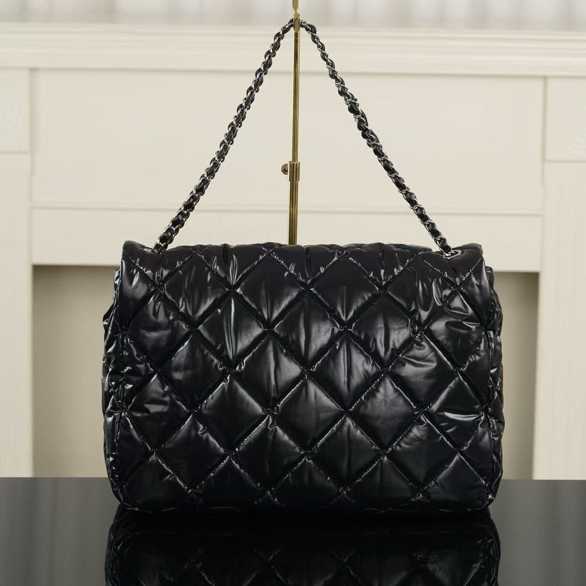 C*C 26FW Coco Neige Maxi Flap Bag 38cm Black Glossy Nylon