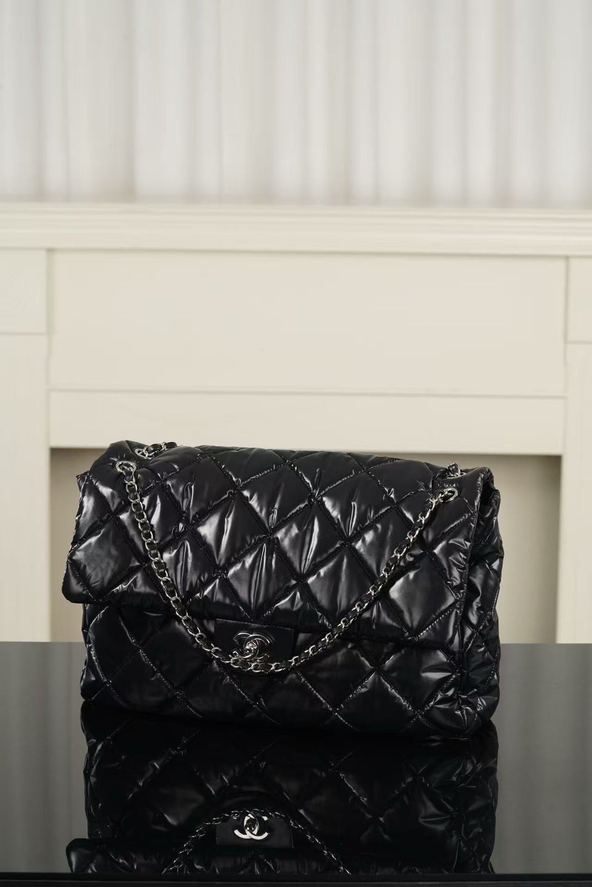 C*C 26FW Coco Neige Maxi Flap Bag 38cm Black Glossy Nylon