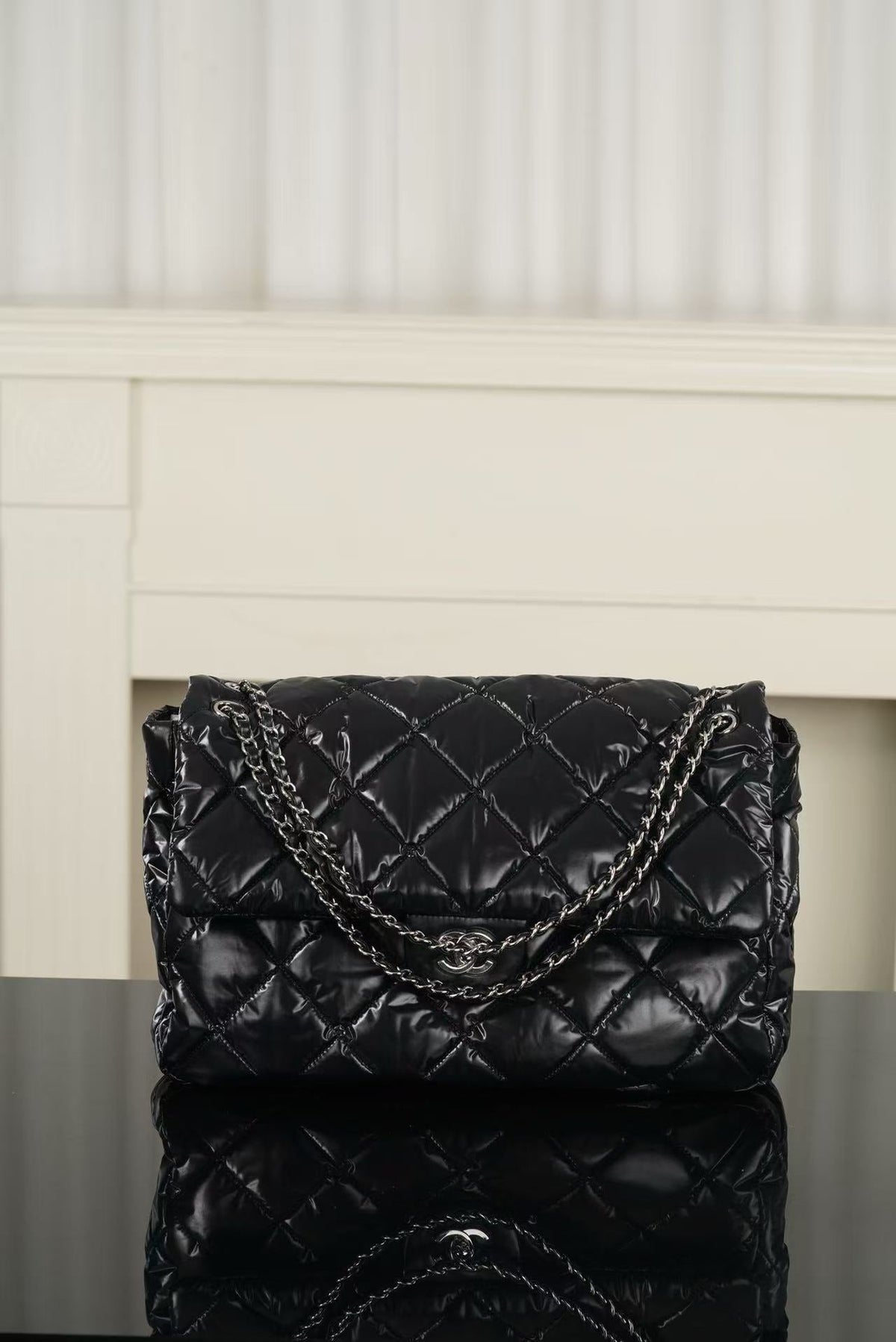 C*C 26FW Coco Neige Maxi Flap Bag 38cm Black Glossy Nylon