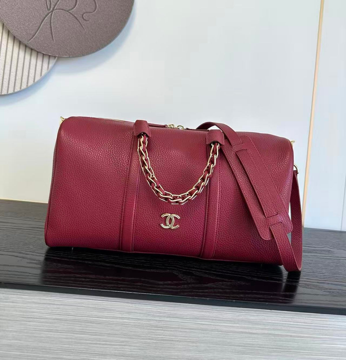 C*C 26S Boston Bowling Bag 40cm Chain Handle Burgundy Grained Calfskin