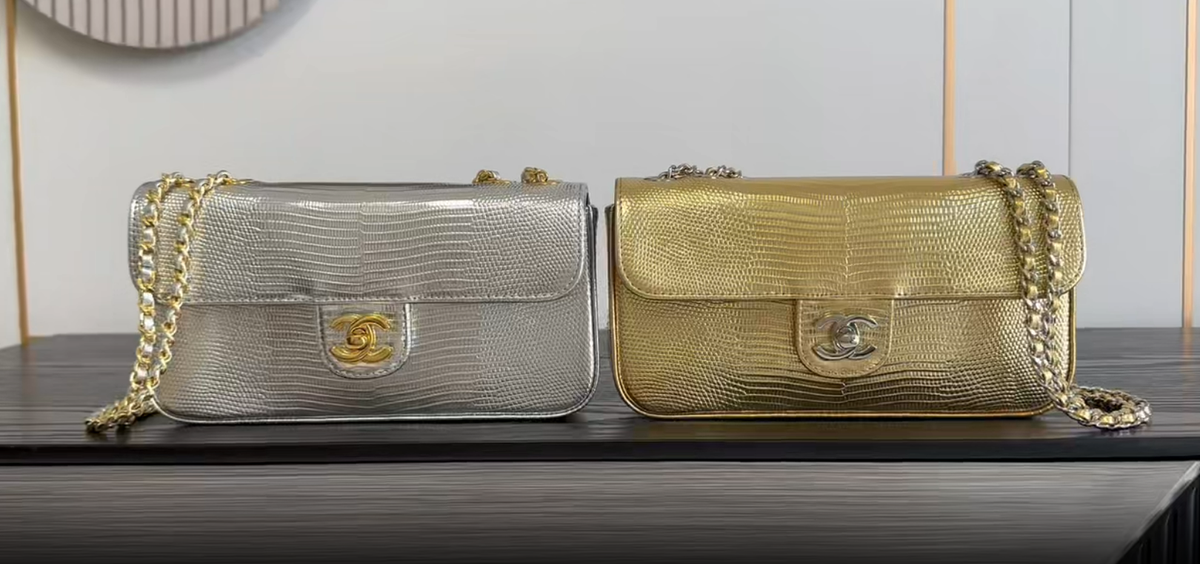 C*C 26B Flap Bag Metallic Lizard Embossed Cowhide