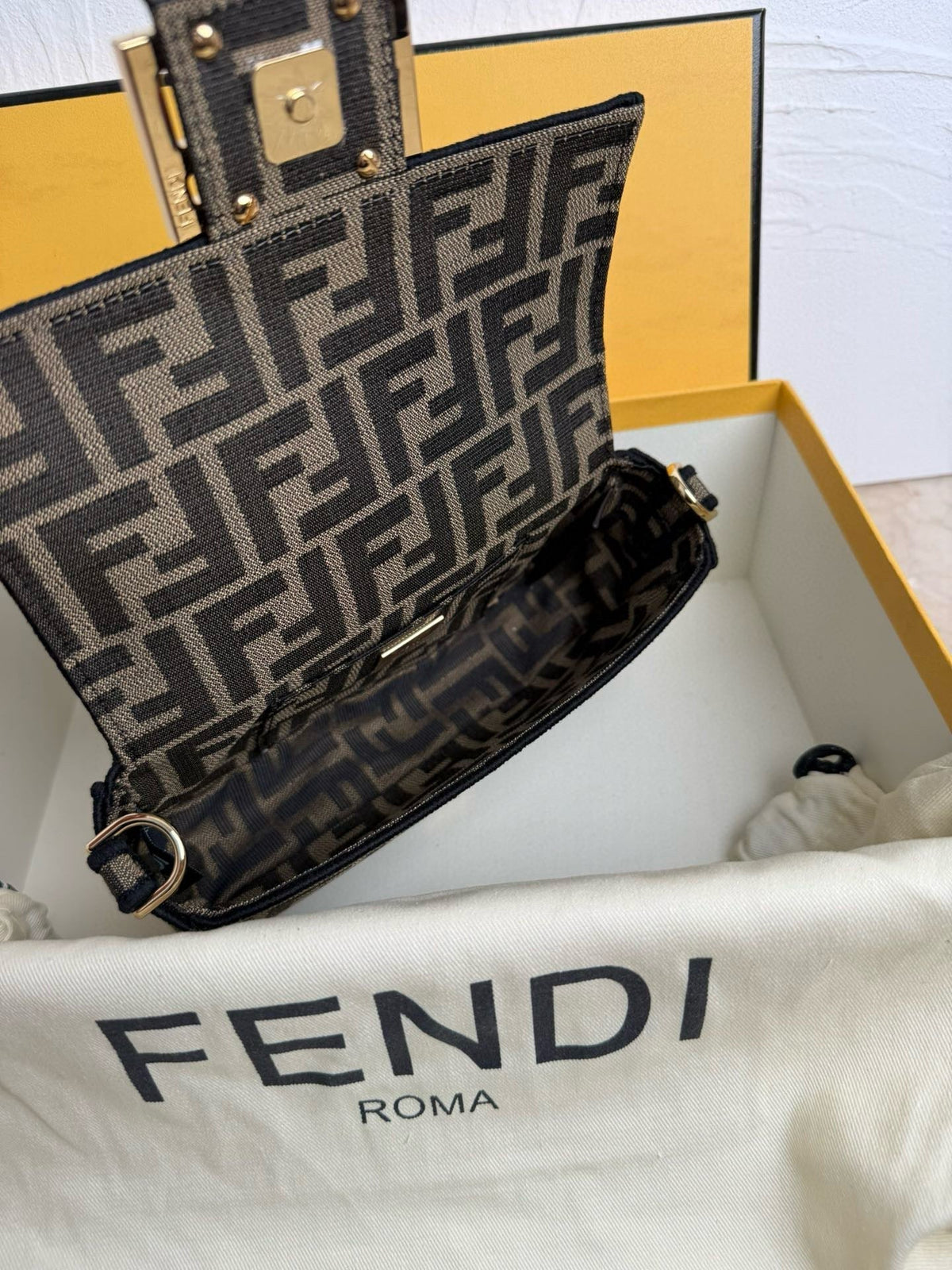 F*ndi Baguette Mini F*F Bag Brown Jacquard Fabric