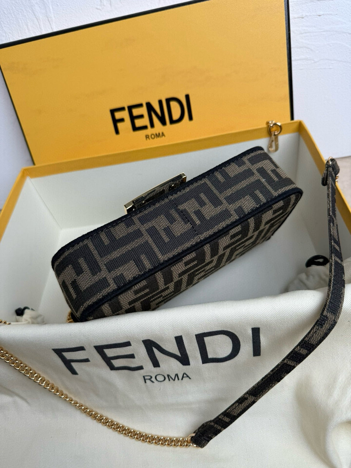 F*ndi Baguette Mini F*F Bag Brown Jacquard Fabric