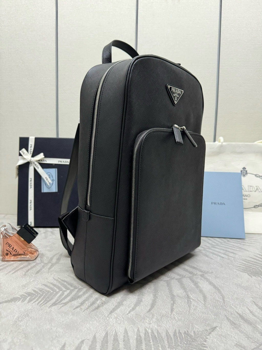 Pr*da Triangle-Logo Zipped Backpack Black Saffiano leather