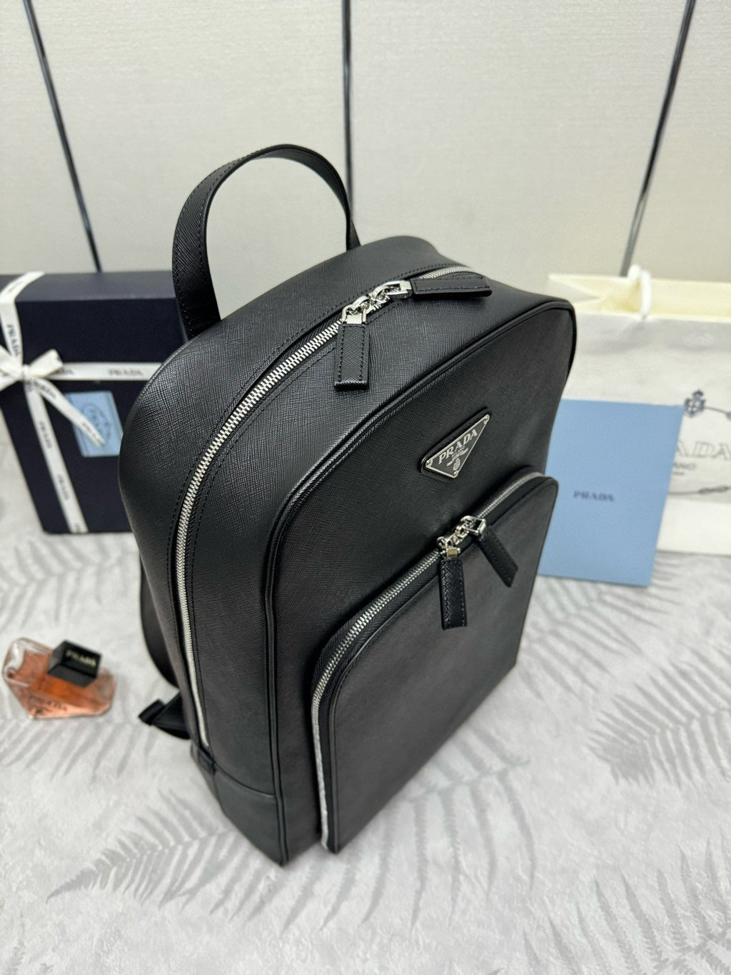 Pr*da Triangle-Logo Zipped Backpack Black Saffiano leather
