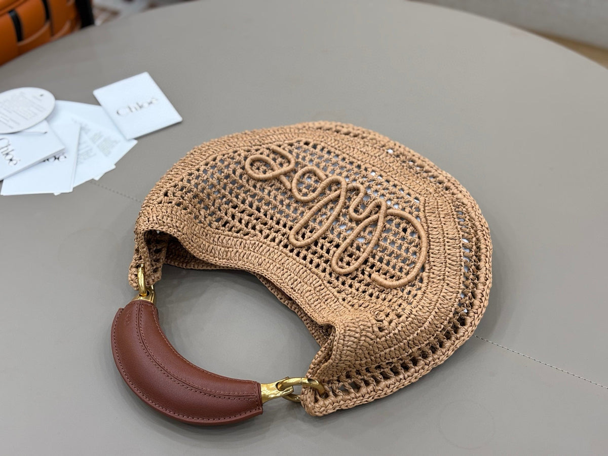 Chl*e 2025 Summer Banana Hobo Bag Summery Brown In Raffia