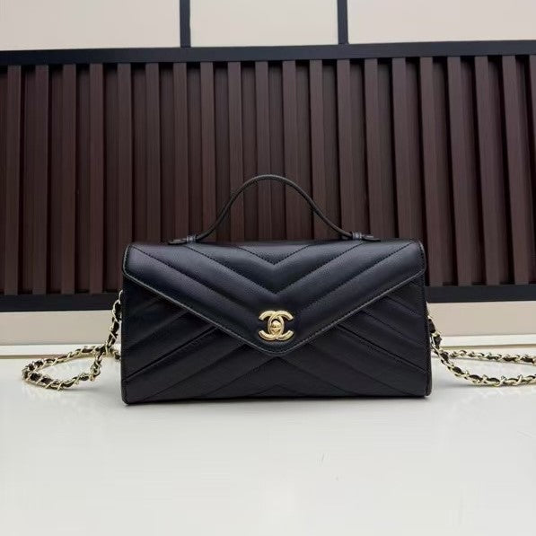 C*C Large Flap Bag With Handles Black Goat Leather