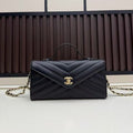 C*C Large Flap Bag With Handles Black Goat Leather