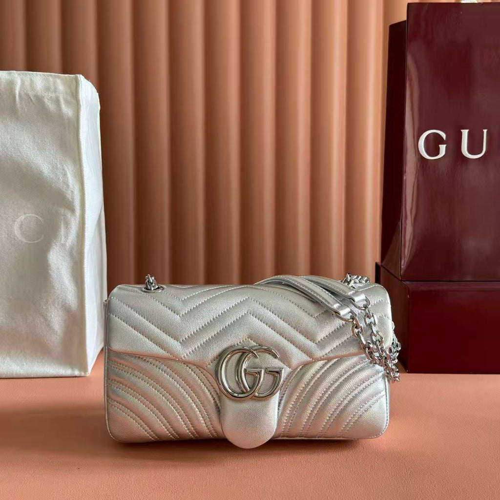 G*G Marmont Small Shoulder Bag Metallic Silver Leather