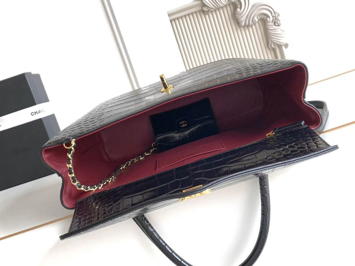 C*C 2026 Maxi Top Handle Bag 31cm Black Crocodile Embossed Leather