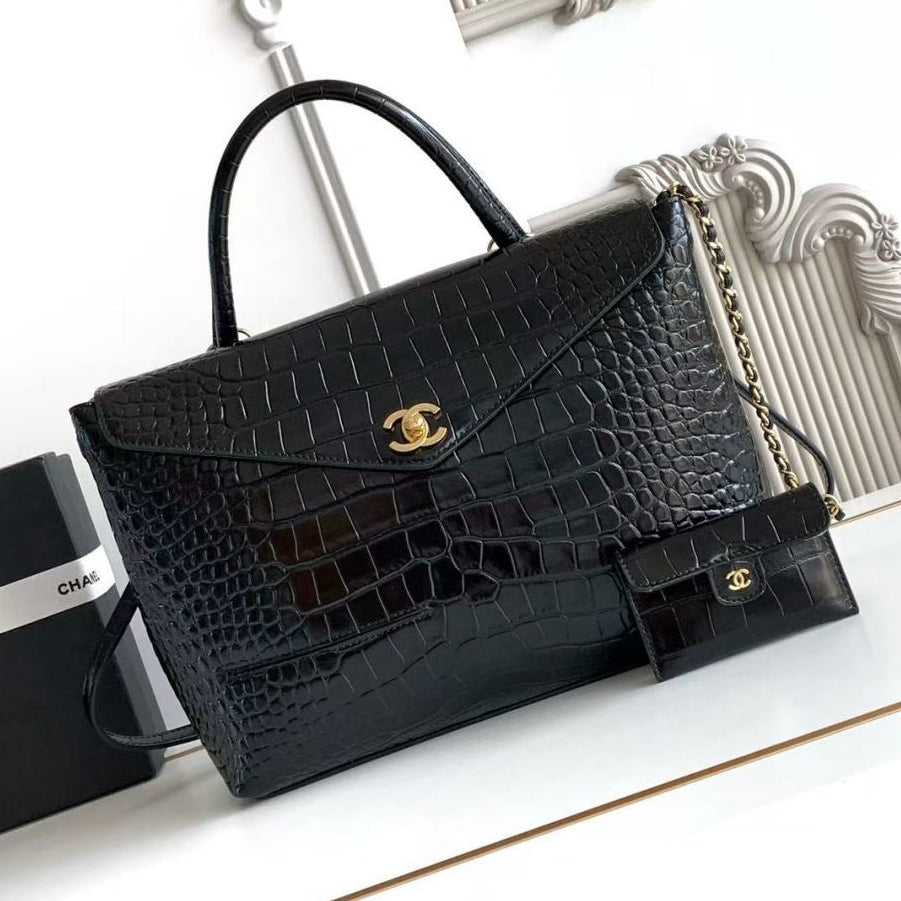 C*C 2026 Maxi Top Handle Bag 31cm Black Crocodile Embossed Leather