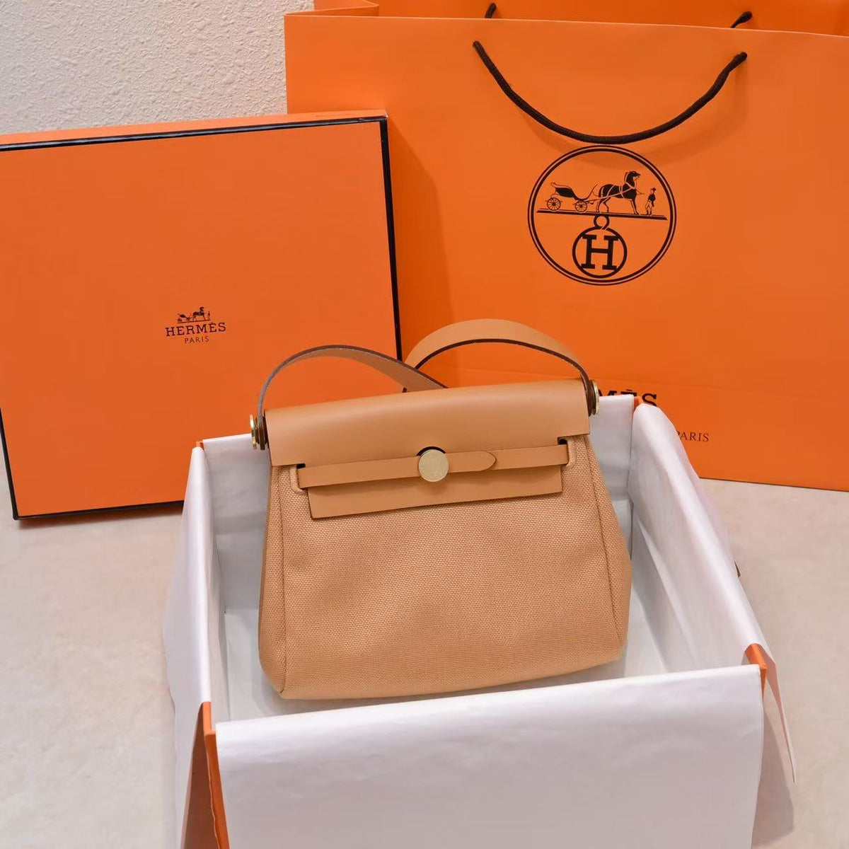 H*M Mini Herbag Gold Buckle 20 Straw Canvas and Hunter Cowhide