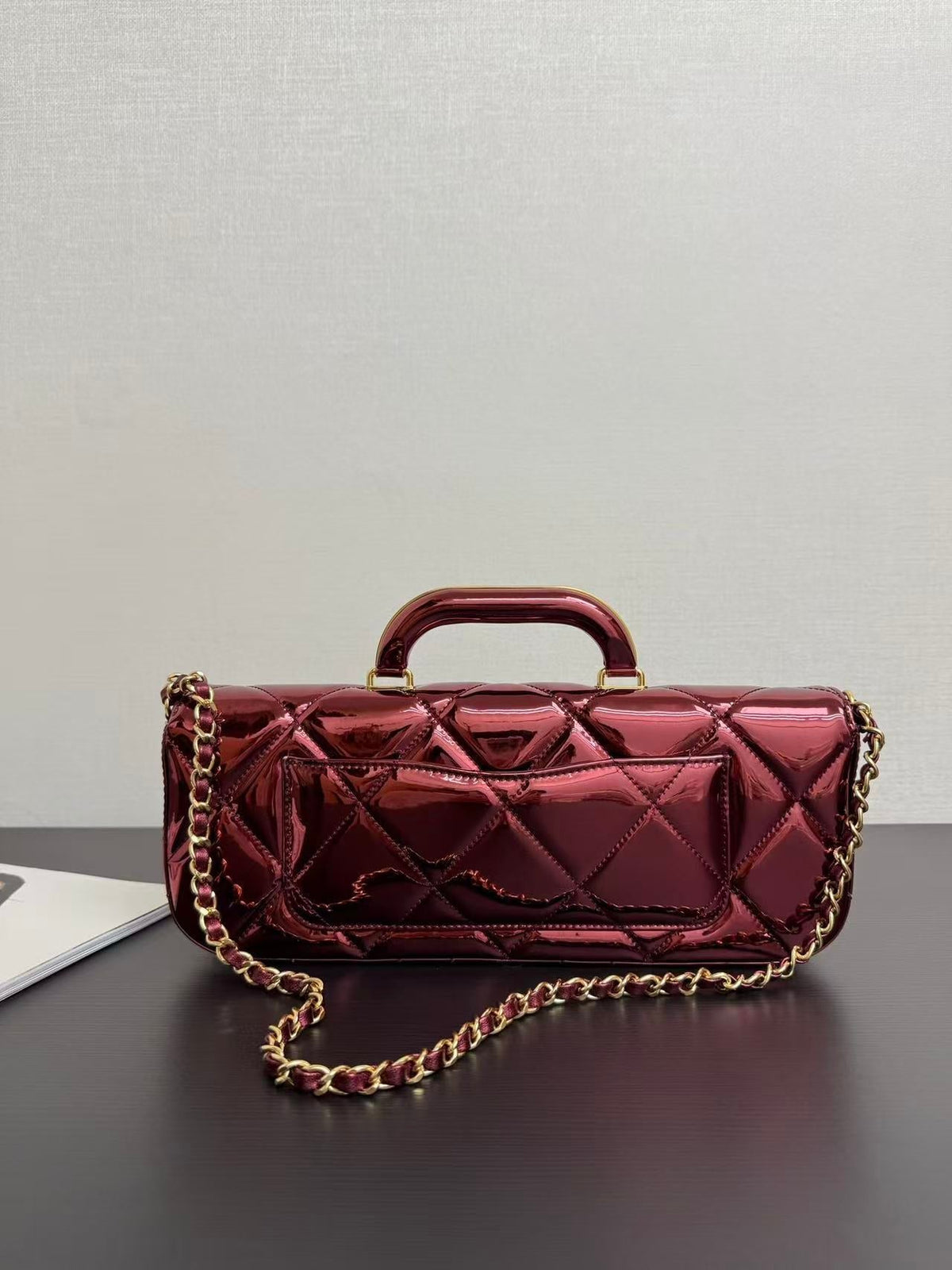 C*C Large Flap Bag With Top Handle Burgundy Metallic Calfskin GHW