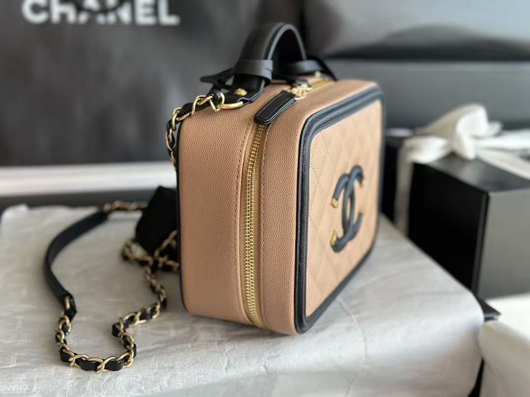 C*C Filigree Vanity Case Satchel Beige Small Caviar Leather