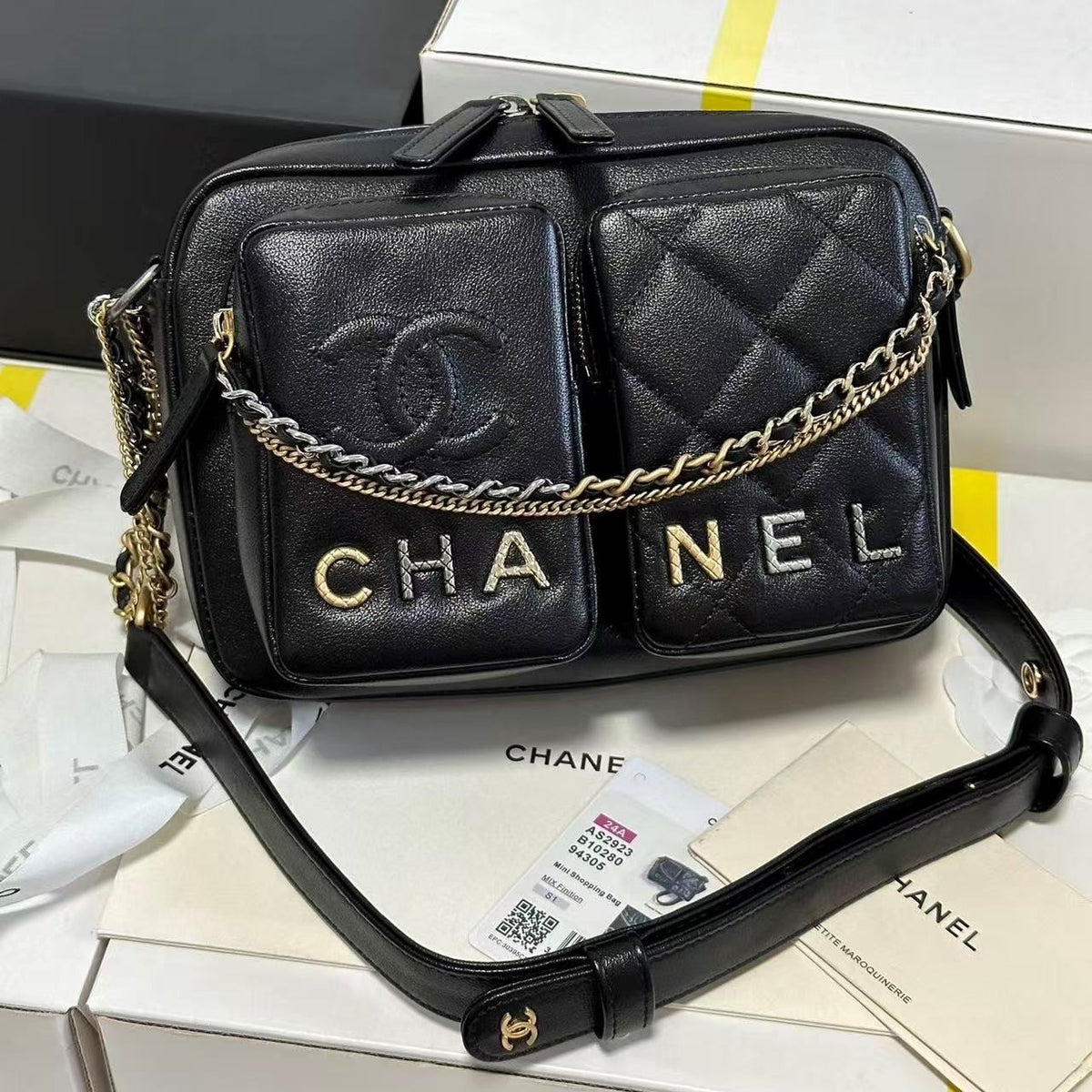 C*C 22C Early Spring Crossbody Bags Black Lambskin
